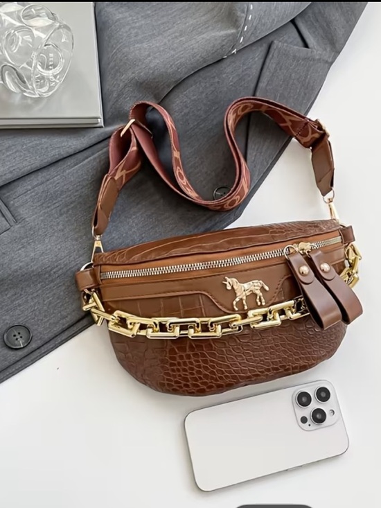 Handbags - Brown Croc-Texture Saddle Bag with Gold Chain Accent